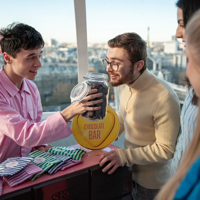 Man smelling chocolate on the London Eye