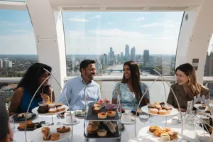 A group of people sitting at a table in the London Eye pod for afternoon tea